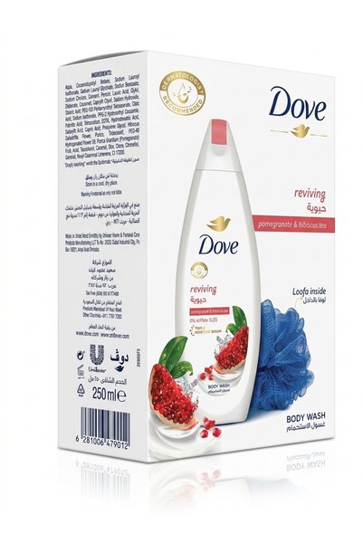 Dove غسول الجسم دوف حيوية برائحة الرمان وشاي الكركديه مع ليفة استحمام - 250 مل