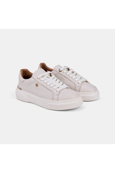 Desa Women's White Lace-Up Thick-Soled Casual Textured Leather Sneaker