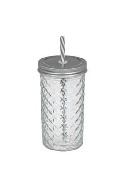 UNIC Clear Embossed Glass Cup with Metal Lid and Straw 600ml