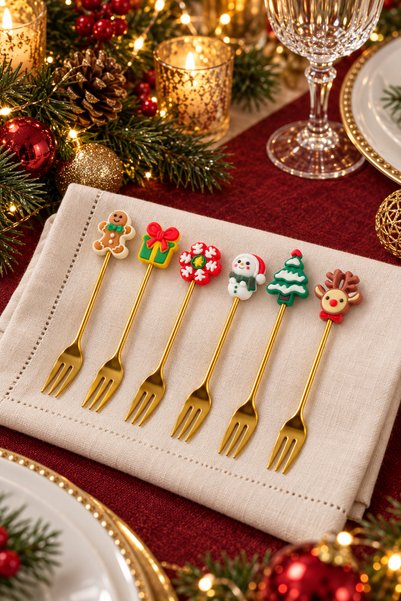 Tohana 6'lı Yılbaşı Temalı Pasta Tatlı Meyve Çatalı Seti Gold – Figürlü Pasla...