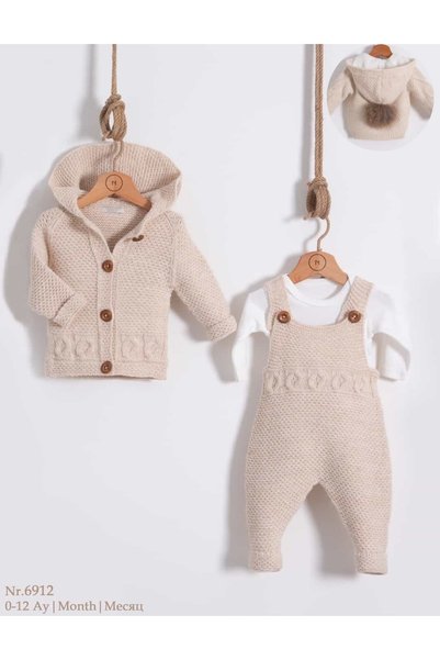 STRAWBABY Pom-pom hooded knit cardigan, knitted overalls, and bodysuit 3-piec...