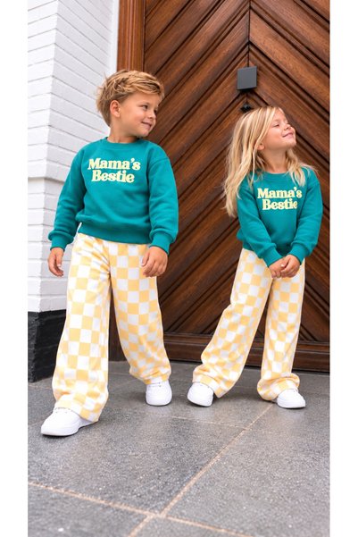 elzo collection Unisex Tropik Yeşil Mamas Bestie Yazılı Sweatshirt Kareli Eşofman Alt Üst Takım