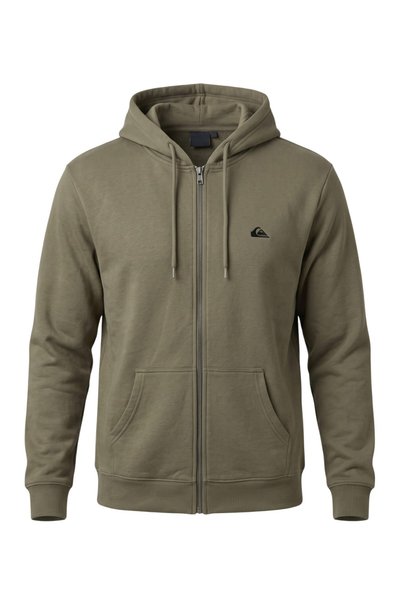 Quiksilver سويت شيرت رجالي كاكي بسيط بسحّاب وغطاء للرأس