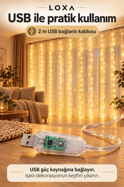 LOXA 3x3 Metre 8 Fonksiyonlu 300 Ledli Perde Led Işık-Uzaktan Kumandalı USB Kancalı Dekoratif Gün Işığı