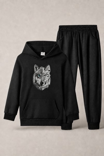 han elegant Σετ παιδικής φόρμας Unisex με στάμπα λύκου, τσέπες καγκουρό και κ...