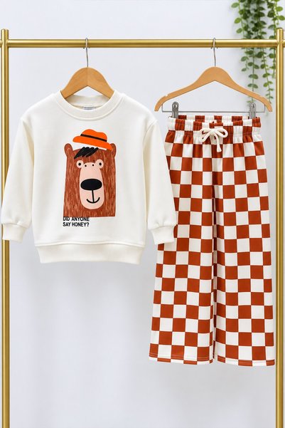 Monila Erkek Çocuk Pamuklu 3 İplik Ekru Ayıcık Baskılı Sweatshirt ve Kareli Altlı Alt Üst Takım