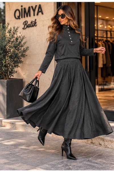 QİMYA BUTİK Buketli̇ Women's High-Neck Long-Sleeved Blouse, Pleated Loose Lon...