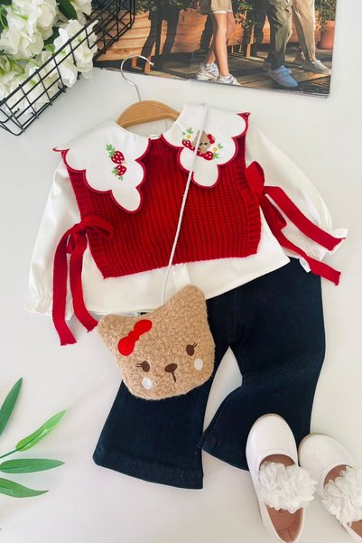 Minigimin Cicileri Strawberry Collar Embroidery Detailed Knitted Sweater with...