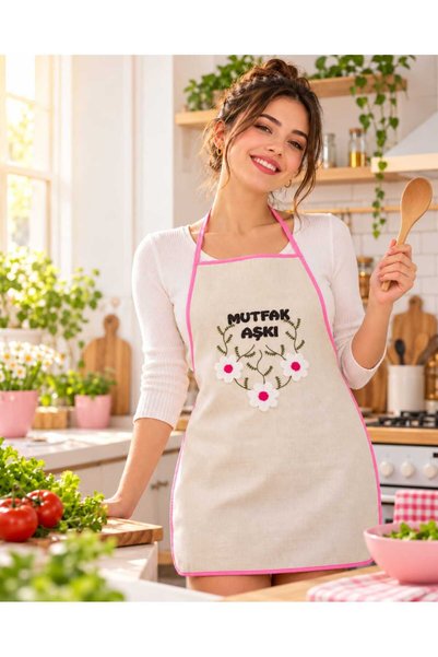 EVİNİZİNRİTMİ مريلة مطبخ مزينة بالزهور - مطبوع عليها عبارة Love Kitchen، لون كريمي مع حواف وردية، مريلة طبخ بتصميم ديزي، إكسسوار مطبخ من زيجينلي مقاس 70 × 47 سم