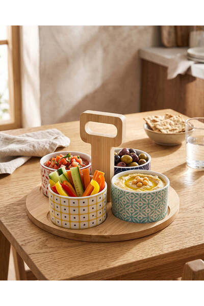 REDTAG Multicolour Printed Serving Set with Bamboo Tray, (5 Pieces)