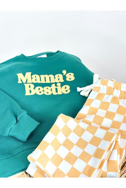 elzo collection Unisex Tropik Yeşil Mamas Bestie Yazılı Sweatshirt Kareli Eşofman Alt Üst Takım