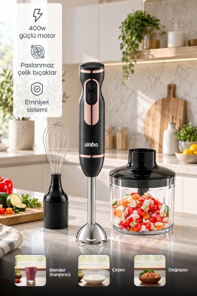 Sinbo SHB-7550 Rose Gold 3'ü 1 Arada El Blender Seti, Doğrayıcı, Çırpıcı, 2 K...