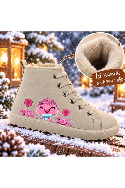 alcdesing Children's and Kids' Beige Fur-Lined Winter Boots with Patterned Wo...