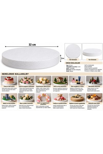 32 cm 3 cm Beyaz Tabanlı Yuvarlak Dekoratif Taban, Hafif ve Kolay Kesilebilir