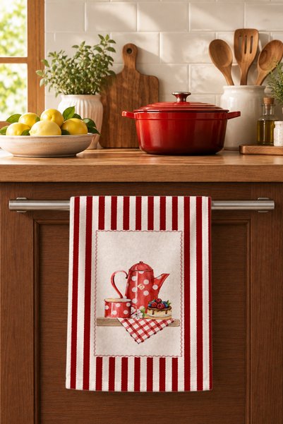 Charmbi Red Striped Dish Drying Towel 35X50 cm Cotton Patterned Kitchen Cloth