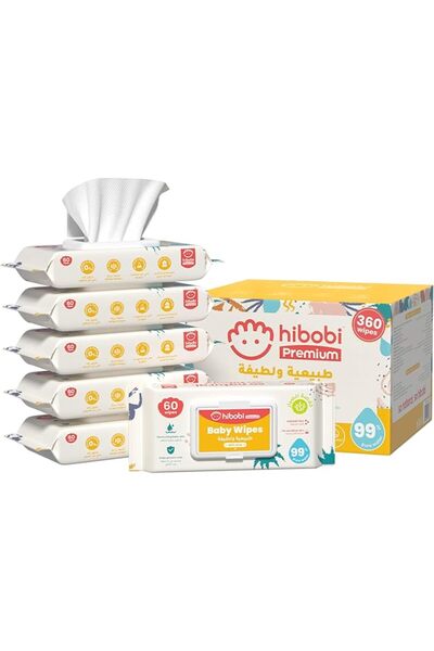 H HIBOBI مناديل هيبوبي المبللة للأطفال بنسبة 99% ماء نقي مع الألوة فيرا، مناد...