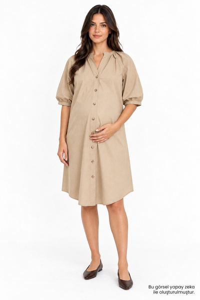 Allyco Hakim Collar Balloon Sleeves Front Button Regular Maternity Dress
