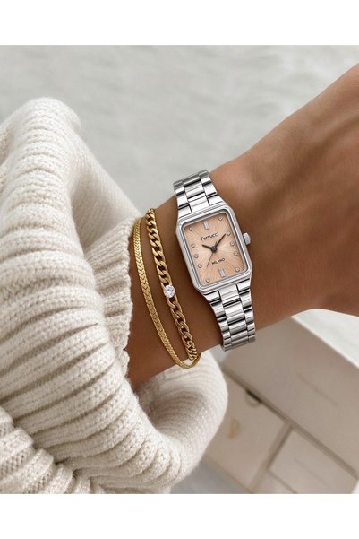 Ferrucci Milano Women's Silver Color Metal Strap Rose Gold Dial Rectangular C...