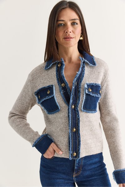 Bianco Lucci Kadın Bej Denim Detaylı Cepli Düğmeli Polo Yaka Triko Hırka TH261095 60286724