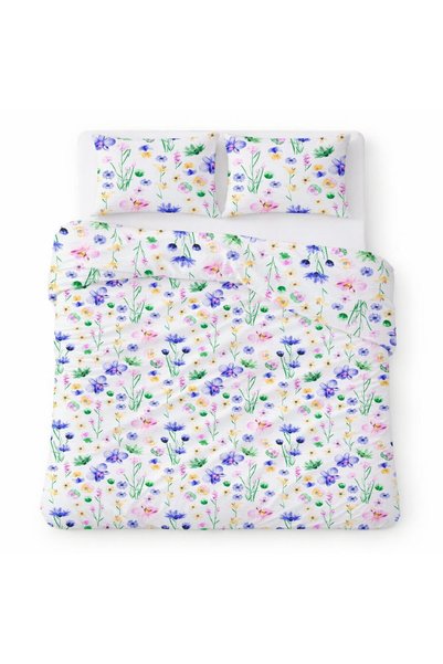 Karo Set lenjerie de pat, Karo, Cotton Home, bumbac, alb cu flori multicolore...