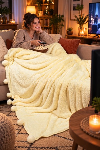 Pabtex Single Person Pompom Blanket, Soft Textured Decorative Tv and Sofa Bla...