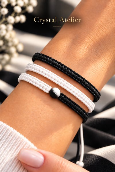 Crystal Atelier 3-Piece Black and White Fan Bracelet with Bead Detail, Macram...