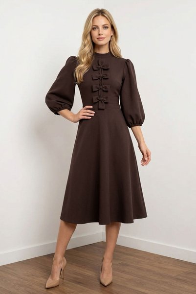 Pretty Girl Rochie midi cu funde decorative și mâneci bufante