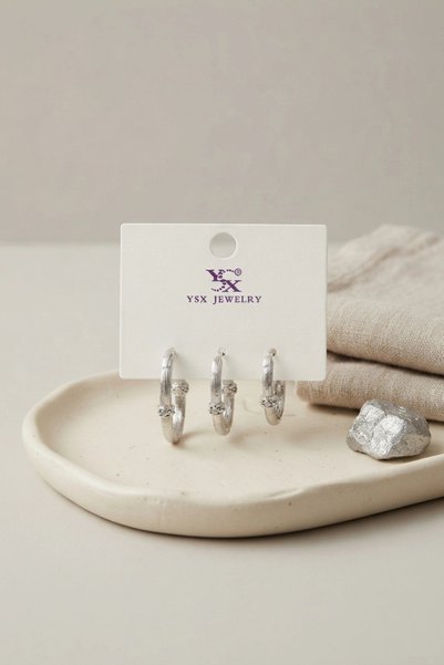 ARMÜZ Brass Silver Color Square Model 3-Piece Earring Set