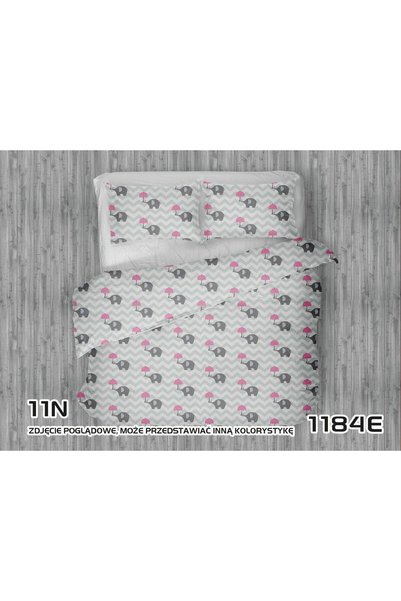 Karo Lenjerie de pat, 160x200cm, Sloniki gri, zigzag alb, parasol roz, 100% b...
