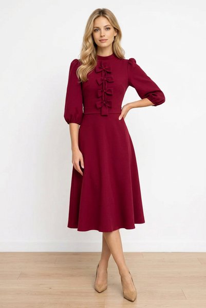 Pretty Girl Rochie midi cu funde decorative și mâneci bufante