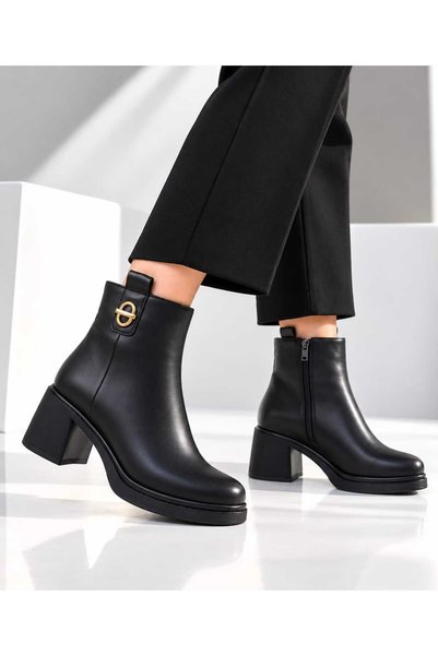 Mammamia 3098 Genuine Leather Thick Heeled Daily Comfortable Women's Boots wi...