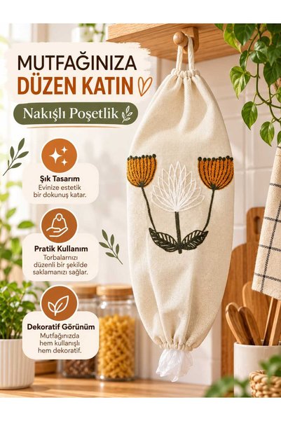 EVİNİZİNRİTMİ Mutfak Poşetliği Asılabilir Kumaş Poşet Düzenleyici – Krem Renk...