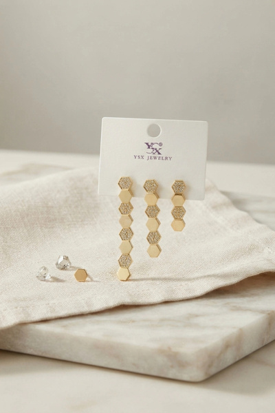 ARMÜZ Brass Gold Color Honeycomb Model Women's Earring Set
