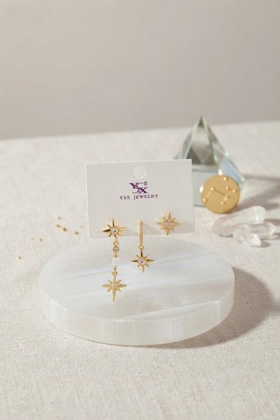 ARMÜZ Brass Gold Color Zircon Stone Pole Star Model Women's Earring Set