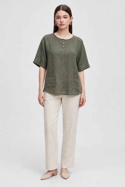 Livia Short Sleeve Round Neck Blouse with Pockets