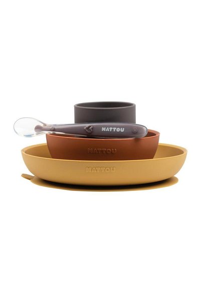 Nattou Set de veselă din silicon fără BPA, 4 piese maro