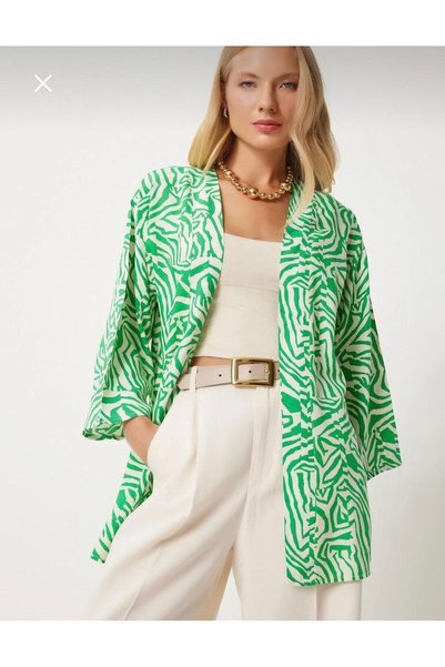 Zebra Desenli Yeşil Blazer Ceket, Rahat Kesim Kadın Günlük