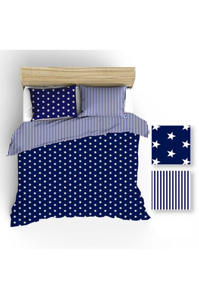 Karo Set de lenjerie de pat 200x220 R006 alb bleumarin stele dungi 51N 52N