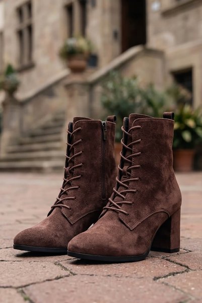DİVOLYA Eliz Brown Suede (7cm Heel) Pointed Toe Lace-Up Daily Women's Boots