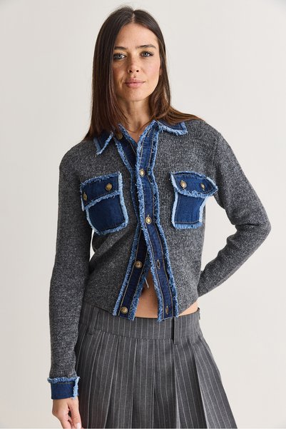 Bianco Lucci Women's Anthracite Denim Detailed Pocketed Buttoned Polo Collar ...
