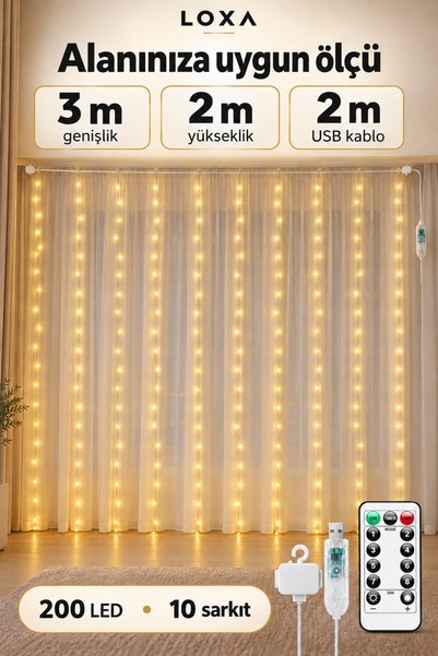 LOXA 3x2 Metre 200 Ledli 10 Saçaklı Yılbaşı Perde Led Christmas Işık-8 Mod,Uzaktan Kumandalı, USB Kancalı