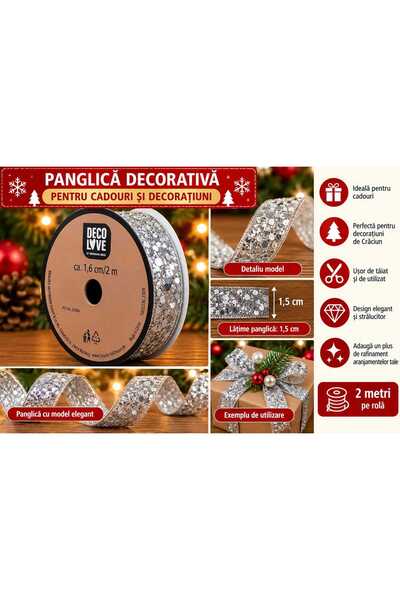 Generic Brand Panglică Decorativă Argintie cu Sclipici, 2 m x 1,5 cm