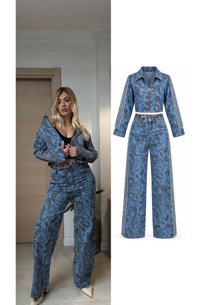liya butik Mavi Etnik Desen Ceket Pantolon Takım