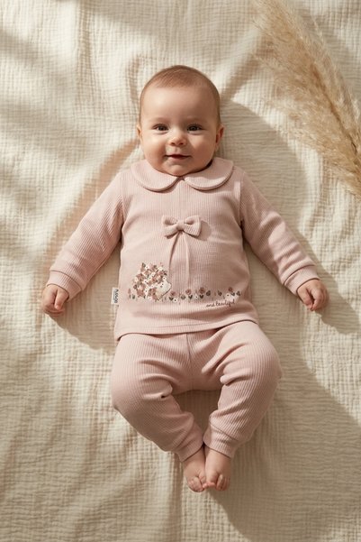 Babydonat Mila Bebe Collared Ribbed Cotton Dusty Rose Baby Girl Set - 2-Piece...