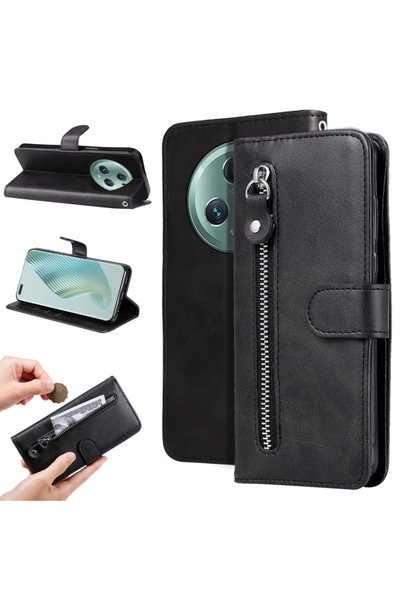 BURAQ For Honor Magic5 Pro Calf Texture Zipper Leather Phone Case(Black)