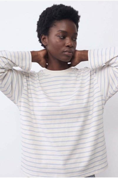 Klotho MAIA Blue-White Striped Long Sleeve Boxy T-Shirt