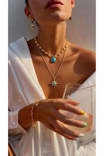pop up store Turquoise Color Stone Drop and Pole Star Double Layer Gold Necklace