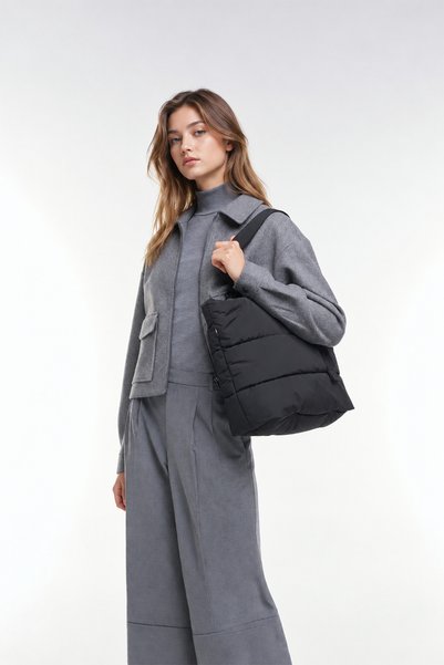 D'VERS Siyah Puffer Tote Su İtici Kumaş Özellikle Ayarlanabilir Omuz Askılı Laptop Bölmeli Omuz Ve El Çantası