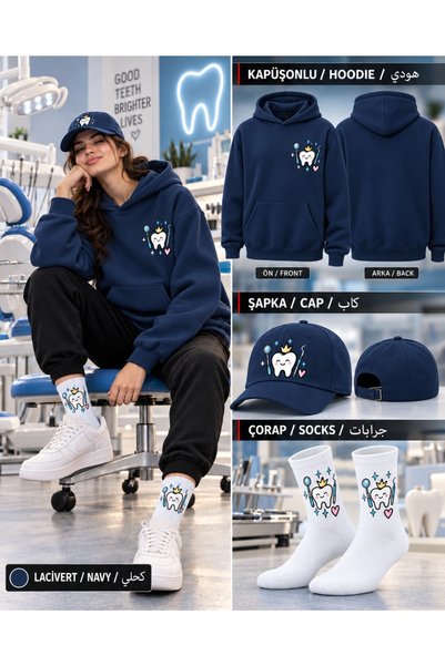 HAI COLLECTİON سويت شيرت كبير الحجم بغطاء للرأس باللون الأزرق الداكن للجنسين،...