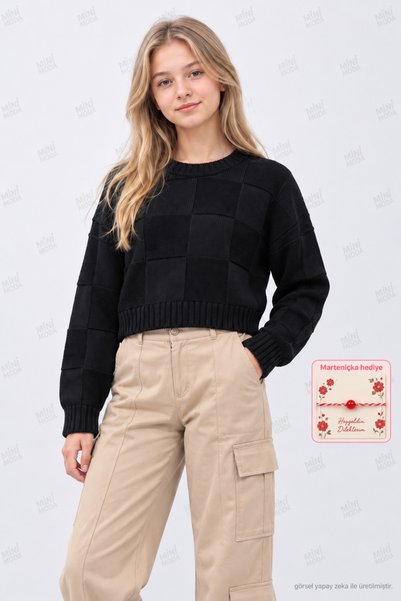 Minimoda Kids Girl's Black Square Textured Crew Neck Short Knit Sweater